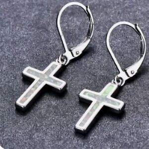 New white simulated opal cross earrings